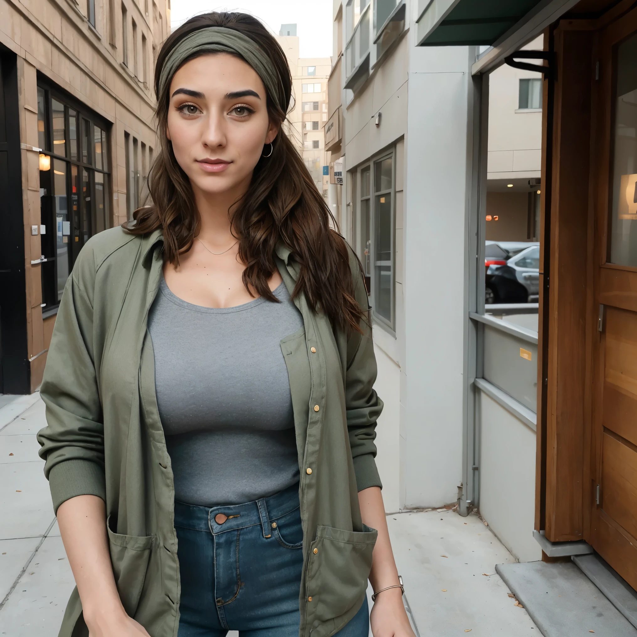 Extremely busty thin and toned brunette photographer, college girl, fair skin, loose ponytail, soft face, athletic, bandana babushka headwrap, tight olive green casual windbreaker, skinny jeans. standing in front of her apartment building, outdoors, city, camera bag, cleavage