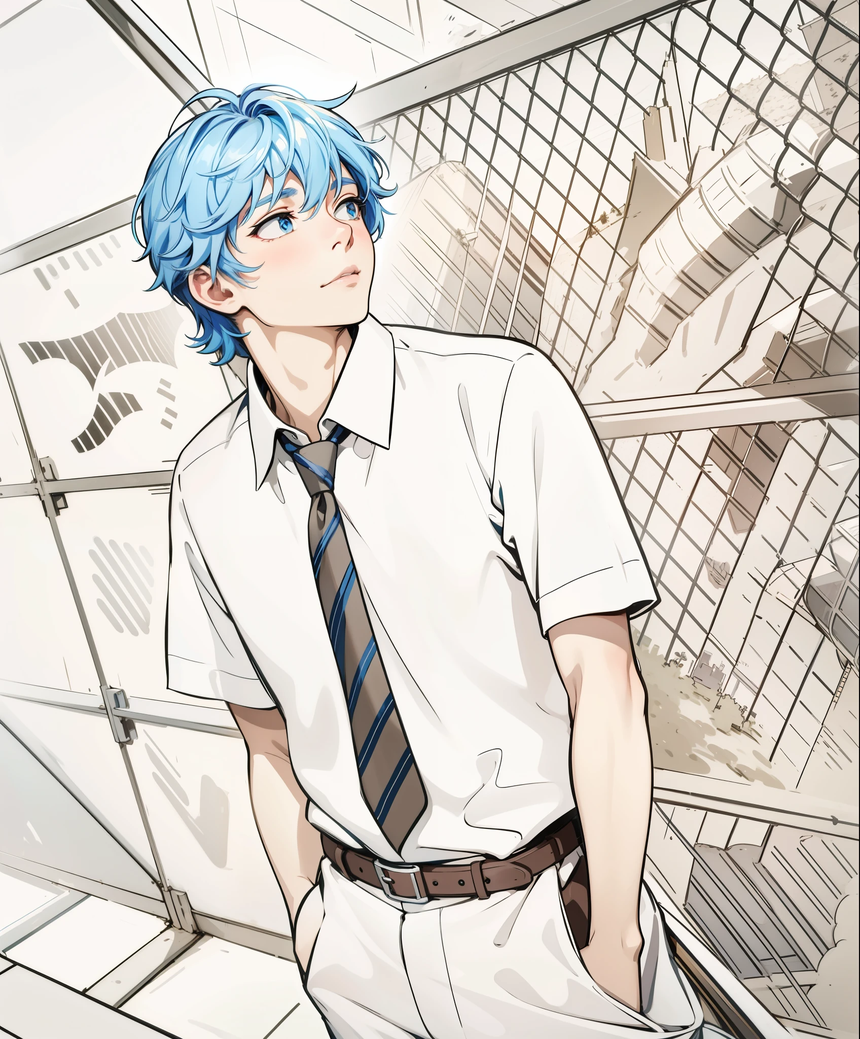 In the background there is a city, it is on top of its school, looking curious and thoughtful. The city has blue hair.