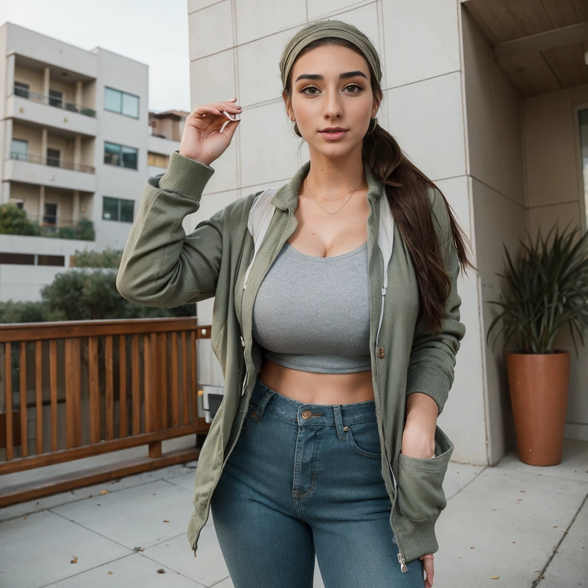 Extremely busty thin and toned brunette photographer, college girl, fair skin, loose ponytail, soft face, athletic, bandana babushka headwrap, tight olive green casual windbreaker, skinny jeans. standing in front of her apartment building, outdoors, city, camera bag, cleavage 