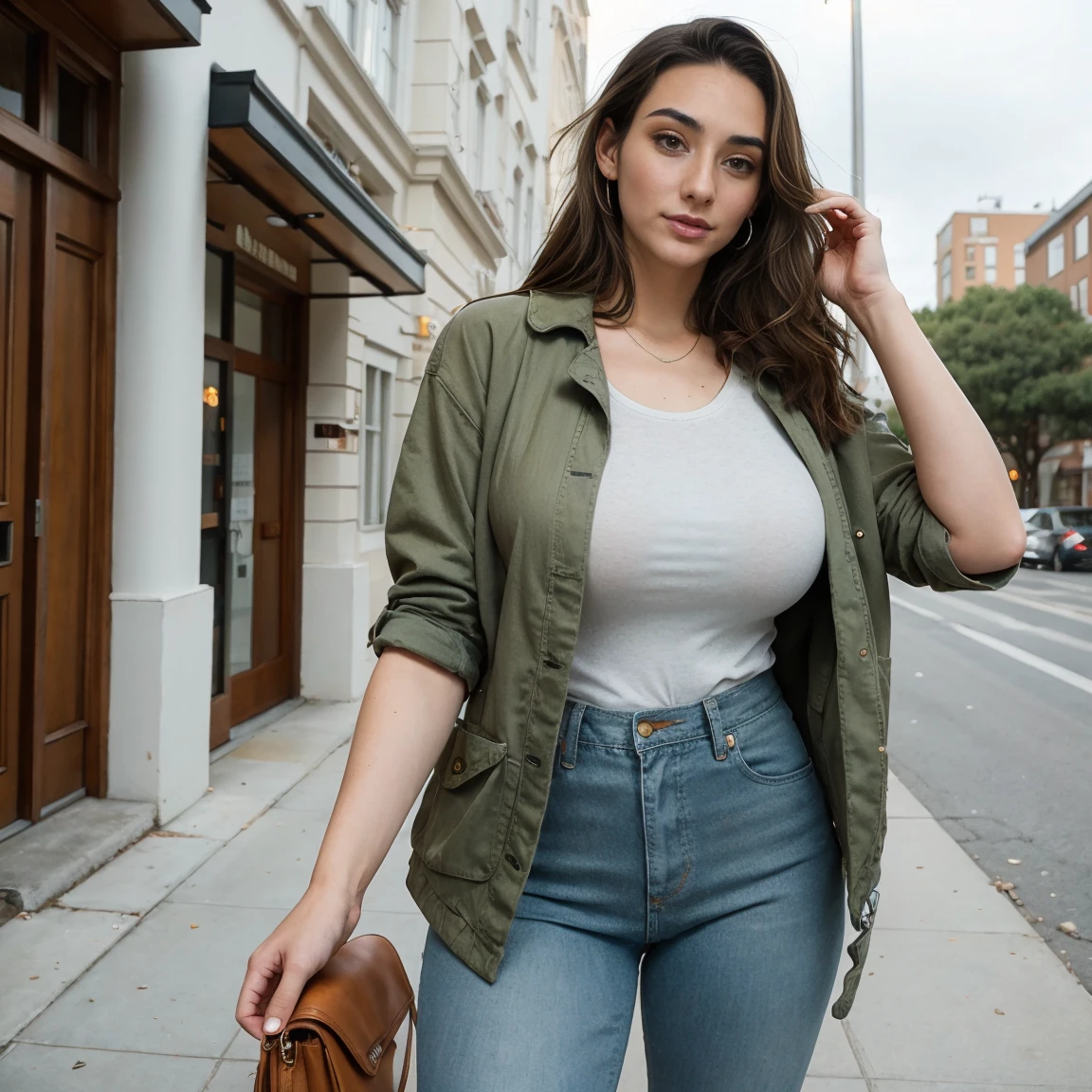 Extremely busty thin and toned brunette photographer, college girl, fair skin, loose ponytail, soft face, athletic, bandana babushka headwrap, tight olive green casual windbreaker, skinny jeans. standing in front of her apartment building, outdoors, city, camera bag, cleavage