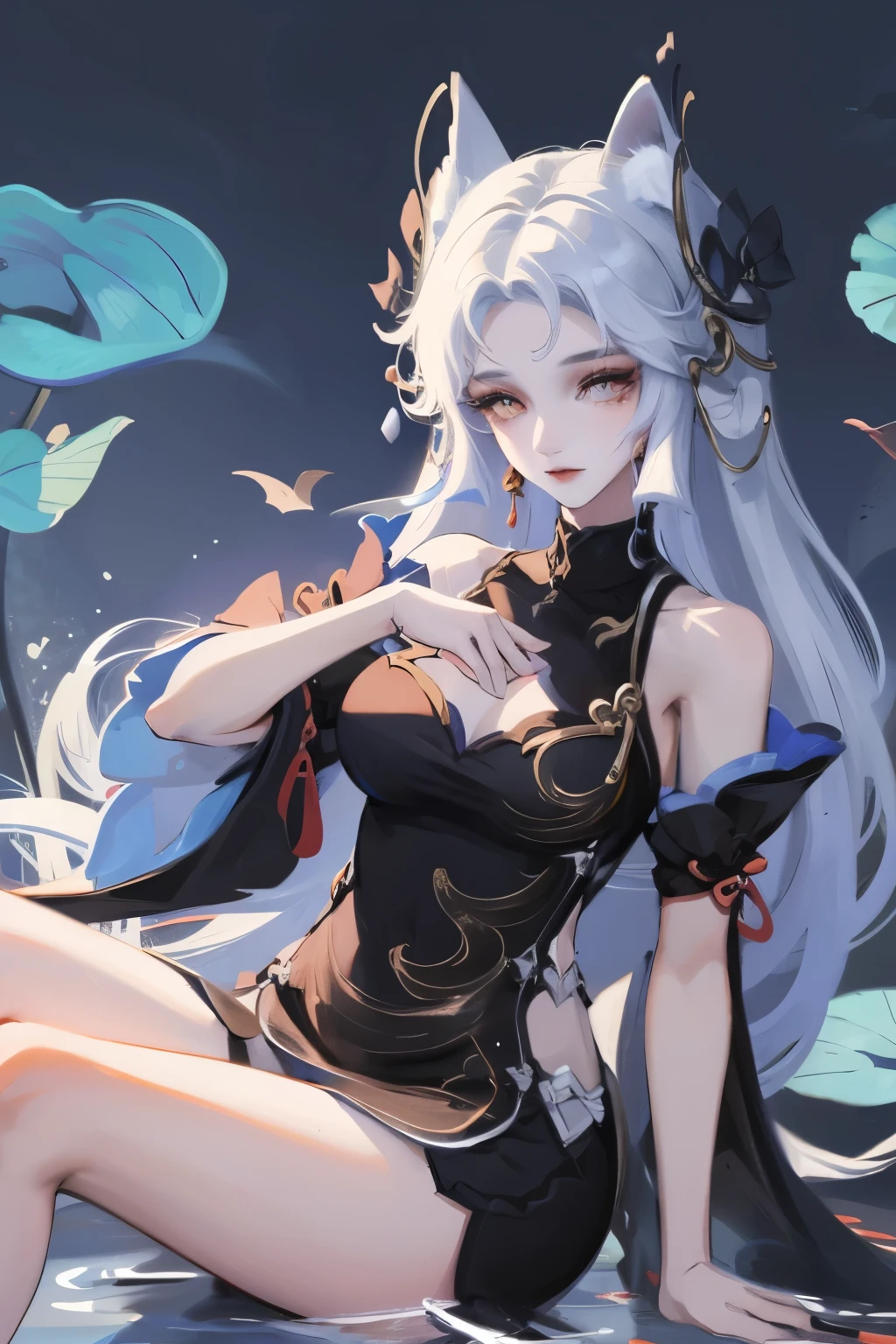 absurd, high resolution, Extremely detailed, (1 Girl:1.3), Hand Painted, Simple lines, 16-year-old girl wearing colorful Chinese Hanfu, Sexy fox ears girl, By the lotus pond, masterpiece, sitting in water, Floating clothes, Flowing hair