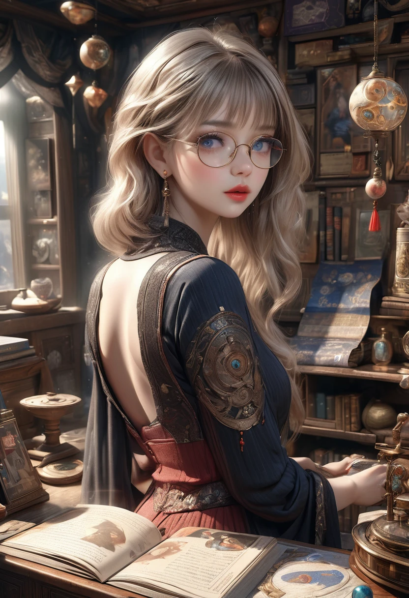 a beautiful cute girl, fortune telling, beautiful detailed eyes, long eyelashes, beautiful detailed lips, an astrologer, astrology book, at the shady fortune-telling house, sun, moon, planets, horoscope, (best quality,4k,8k,highres,masterpiece:1.2),ultra-detailed,(realistic,photorealistic,photo-realistic:1.37), glasses, mysterious atmosphere, mysterious clothes, standing