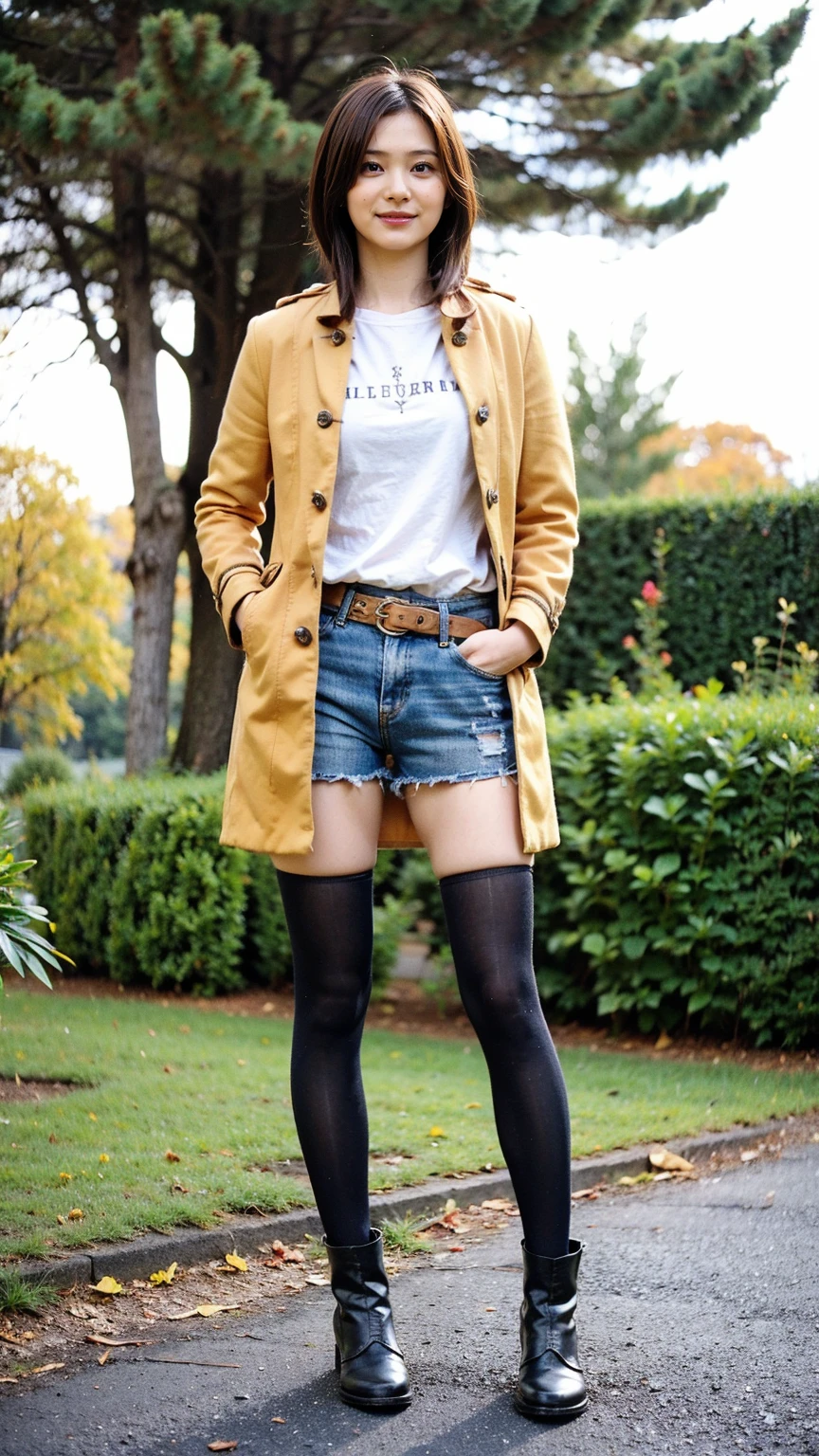 (8K、RAW Photos、Highest quality、masterpiece:1.2)、(Realistic、Realistic)、1 Girl、((Yellow long coat、Black shorts、smile、Thin legs、whole body、boots、one piece、garden、View from the front、Looking into the camera、belt、Stand with hands on hips))、cute