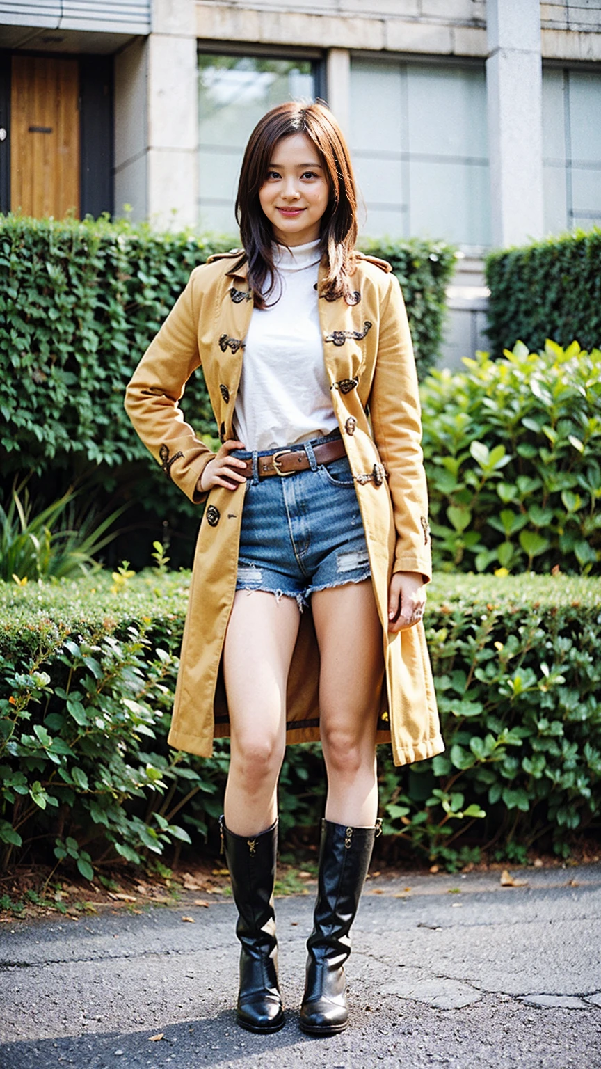 (8K、RAW Photos、Highest quality、masterpiece:1.2)、(Realistic、Realistic)、1 Girl、((Yellow long coat、Black shorts、smile、Thin legs、whole body、boots、one piece、garden、View from the front、Looking into the camera、belt、Stand with hands on hips))、cute