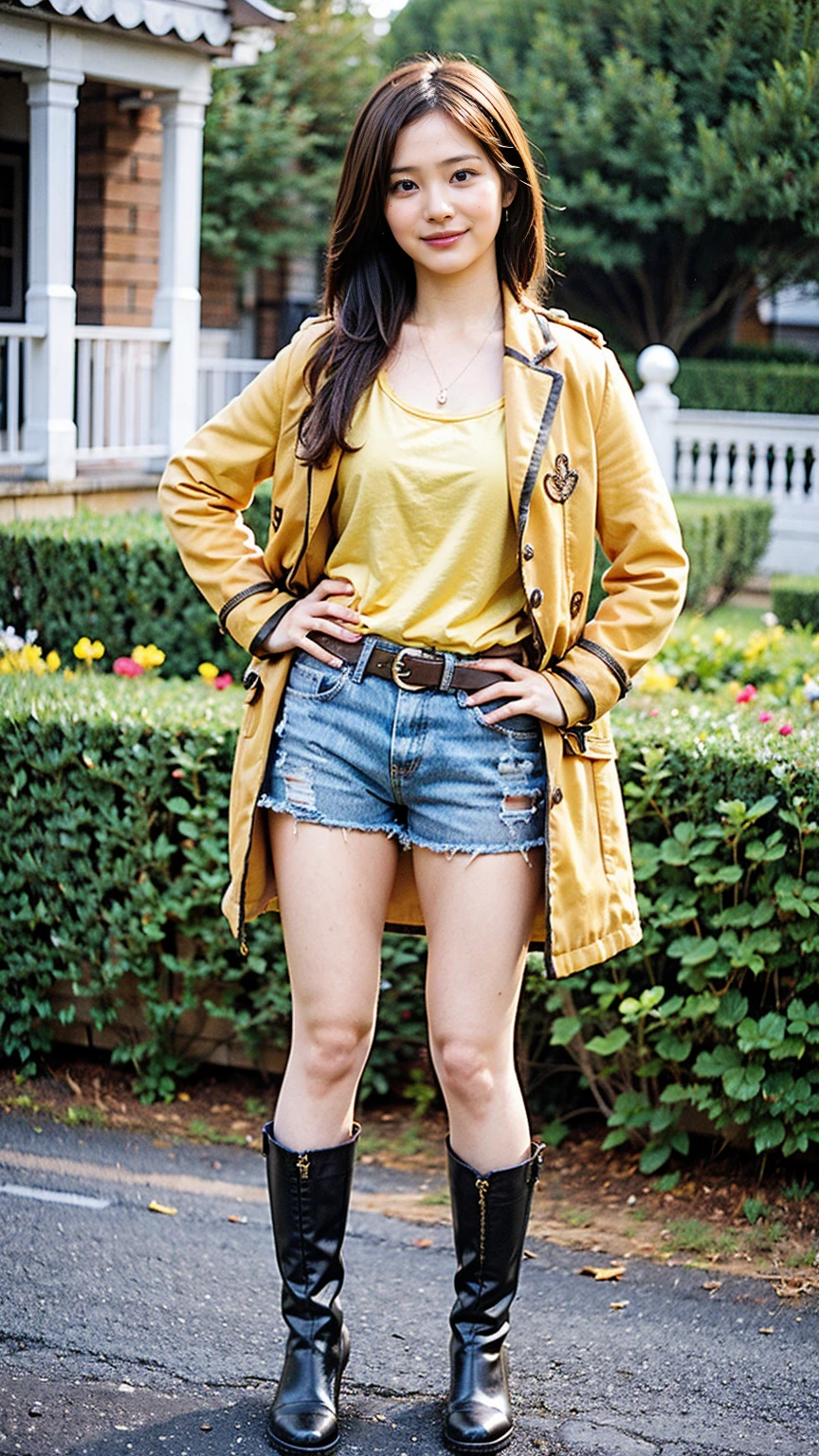 (8K、RAW Photos、Highest quality、masterpiece:1.2)、(Realistic、Realistic)、1 Girl、((Yellow long coat、Black shorts、smile、Thin legs、whole body、boots、one piece、garden、View from the front、Looking into the camera、belt、Stand with hands on hips))、cute