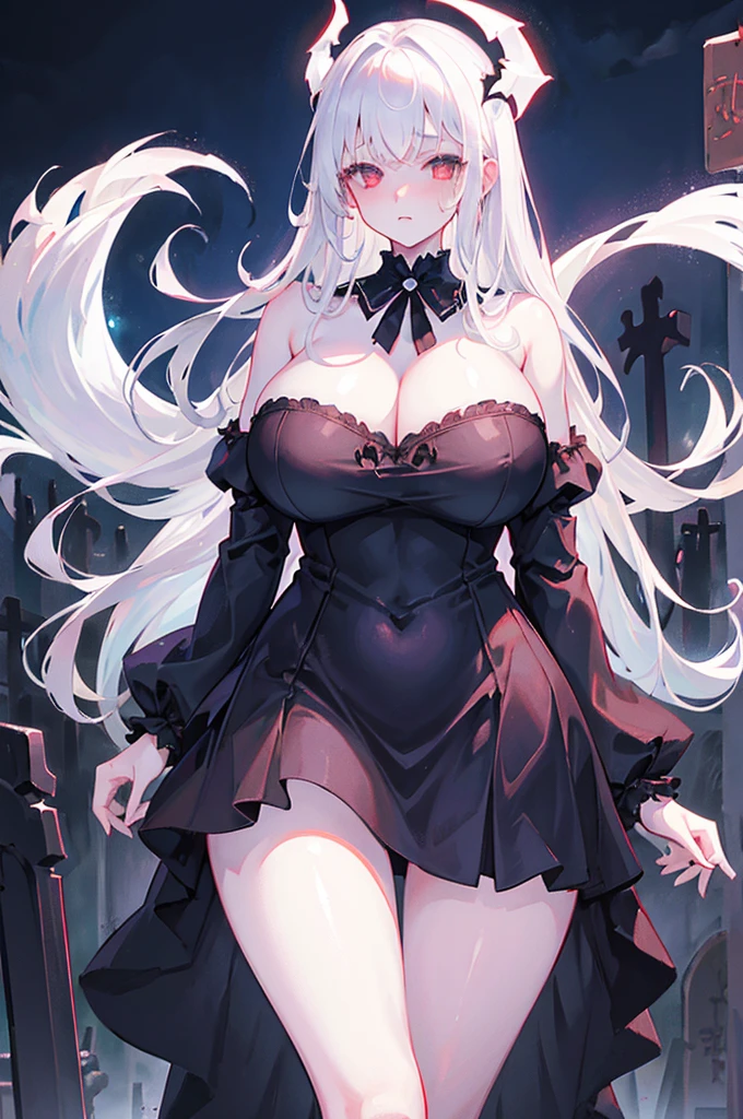 1 girl, big breasts, Hitodama, night, tombstone, cemetery, long sleeves, ghost, pale skin, off the shoulder, long white hair, bare legs, torn clothes, open hips, plump hips, red eyes, white horns, Massive breasts, long beautiful legs