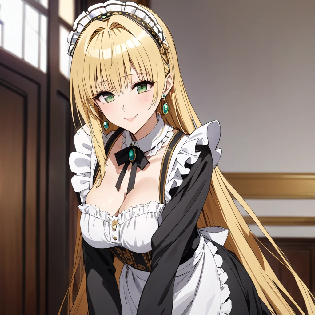 The luxurious and high-class Victorian maid outfit is evenly decorated with gorgeous gold embroidery and edging, and the blouse, apron, and headband also have gorgeous gold embroidery and edging.、((Highest quality)), ((masterpiece)), (detailed), (Perfect Face)、The woman is Tierre, with green eyes, medium-long blonde hair, a Victorian maid outfit and maid headband, jeweled earrings, and an engagement ring.、The woman is smiling fondly in a luxurious room、The Victorian maid uniform is a calm, old-fashioned type with long sleeves and a long skirt, decorated with luxurious gold embroidery and edging.
