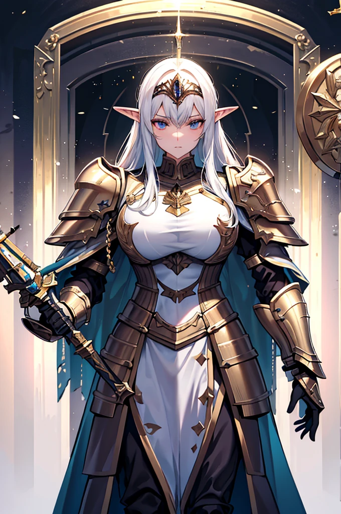 броня Paladinа, Warhammer Emperium Style, Adeptus Custodes Centurion, heavy armor, Heavy armor, Paladin, Fantasy art of Warhammer, a spear, Эпическая броня Paladinа, heavy armor. Dramatic, Female Elf, Big Shield, white long hair, closed helmet Custodes,