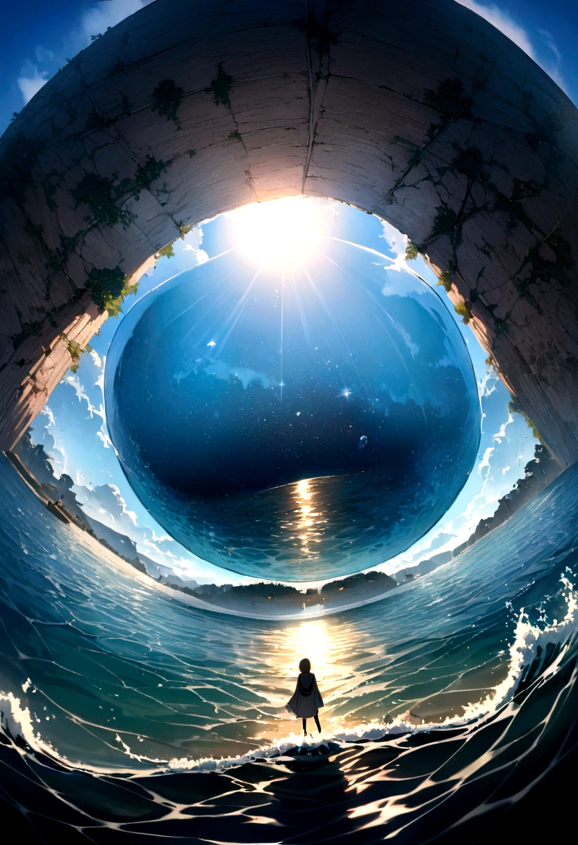 (((Beautiful seabed))) Shaft of sunlight penetrating the surface of the sea, Illuminate the world hidden below, 魅惑的なwater中シーンを作成する. Vertical panorama, Ultra-wide angle view. Ultra-high resolution, masterpiece, Award-winning photo,In the sea，water，Bubble
