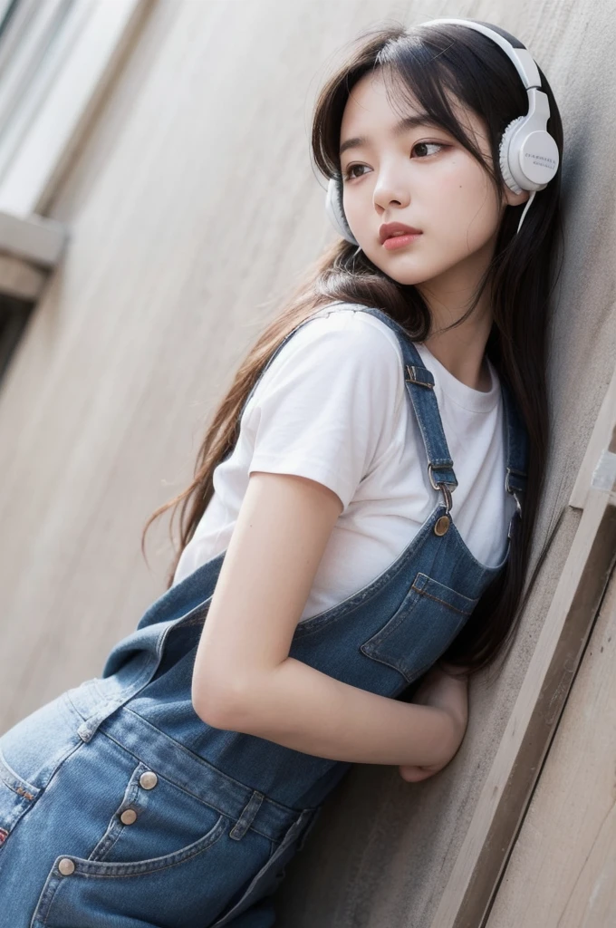 beautiful girl headphone overalls Low angle shooting