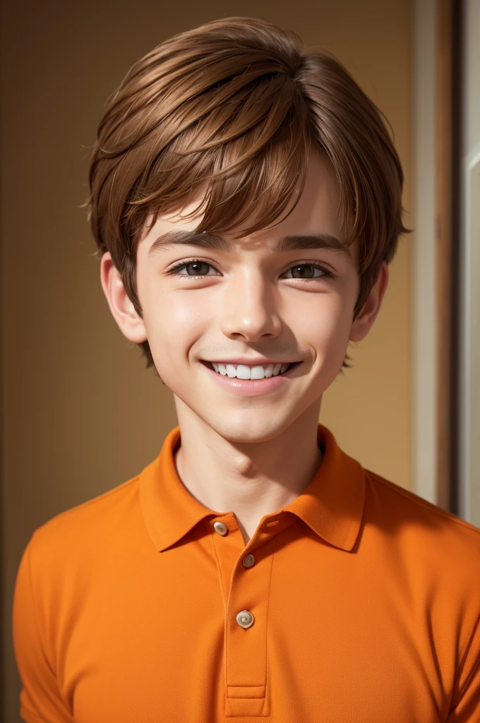 smiling boy with short, light hair, light eyes, orange polo shirt 8k pixar
