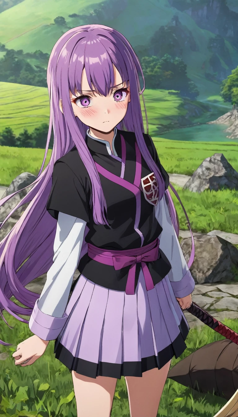 Demon slayer screencap of female character with a very long purple hair with bangs, purple eyes, dead eyes, wearing a demon slayer uniform but the chest is opened, has a very short skirt, blushing expression, the scenery is beautiful, Ufotable season 4.