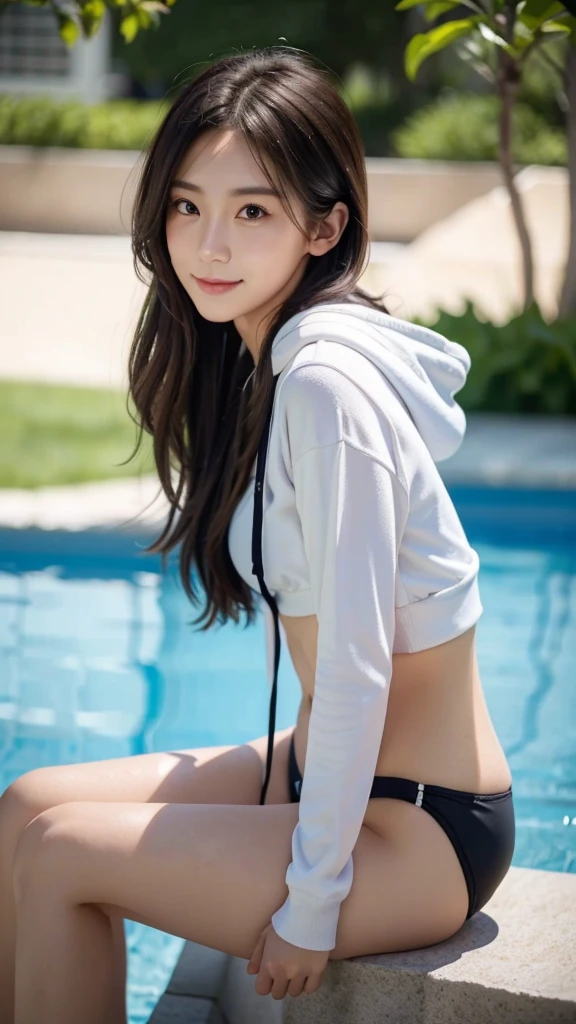A girl in a garden, 1 girl, solo, long hair, looking at viewer, smile, wearing oversized hoodie, outdoors, black eyes, small breasts, swimming pool, bikini bottom only, sit on the edge of the pool, hugging owns legs, from side, bashful, small breasts, bikini, extremely detailed eyes and face, highly detailed, 16k, ultra-detailed, high resolution, photorealistic, sharp focus, physically-based rendering, vivid colors, studio lighting, from the side,