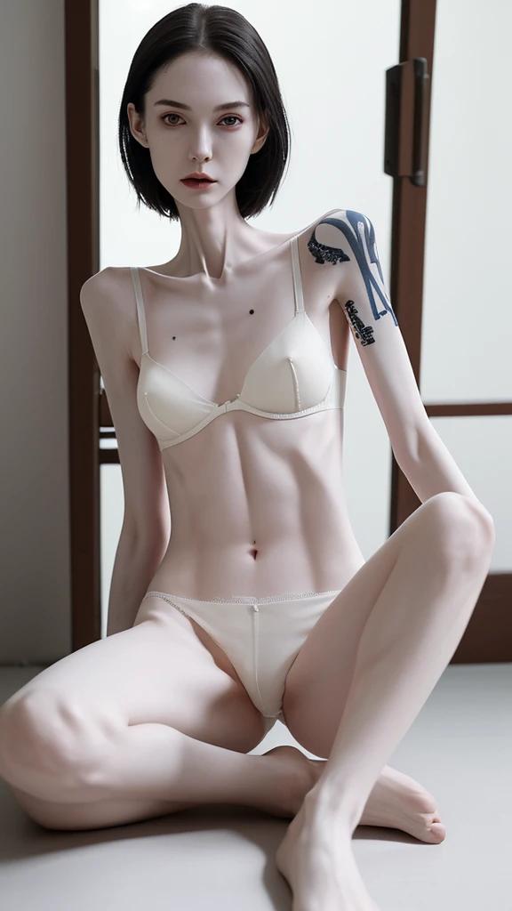 a woman, very thin body, body visible bones, very slender , sweaty weat body, pale white skin, panties, bra,tatto, full body,sitting in prison