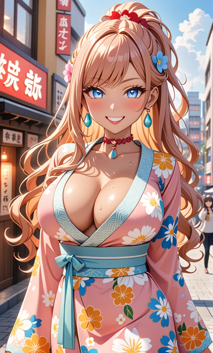 ultra-detailed, ((one girl)), (tan skin improved:1.0), (in pastel colors gyaru), (sweat skin), (heavy makeup), hyper detailed, absurdres, 8K, Beautiful Face, (Laugh shyly), ((teasing smile:1.8)),((Wink:1.6)), (Laugh with your mouth wide open),((Tilt your head:1.6)), View your viewers, ((Bright red cheeks:1.6)),Glossy Red Lips, ((Big Breasts:1.5)), ((show off breast)), ((Fold your arms under your chest:1.3)), noon, In front of Sankita Amore Square, ((Anime style background)),masterpiece, Highest quality, so beautiful,Latest, Complex details, (Pink long nails), (nail art), (ring),(bracelet), (Floral Choker),AI-generated, Complex,High resolution, Highest quality, super high quality,3D Images、3D Images,One person,Yellow long hair,(High Ponytail), (wavy hair:1.3), Anime woman posing for a photo, ((Fine grain、blue eyes、glowing eyes:1.4)), (Squint your eyes:1.1),a hyperRealistic , hyperRealistic , Realistic,Anime woman with long yellow hair, Smooth anime CG art, A girl wearing a pastel-colored kimono, ((Pastel-colored furisode)),(Pink large floral pattern) ,Long flower hair ornament,Floral Earrings,Mature Body, tall,Narrow waist, ((waving at viewer:1.3)),