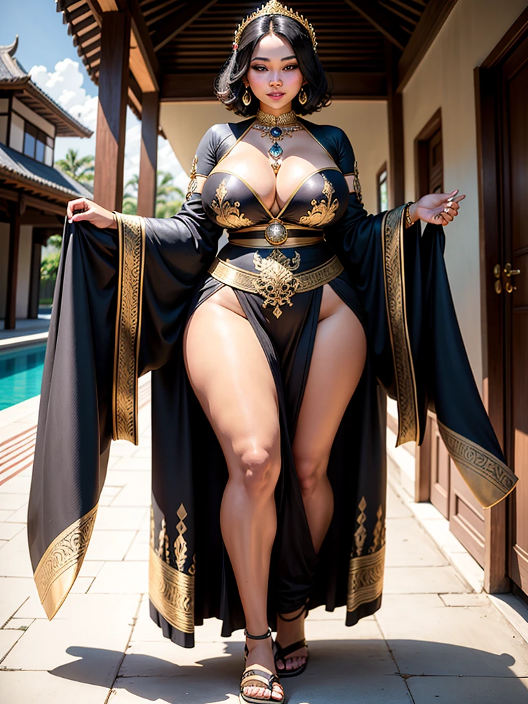 Stunning Beauty Voluptuous Javanese Wife, kind smile, Photorealistic portrait, very huge chest, wearing long soft silk batik abaya and wooden sandals, simple accessories of gold and jewelry, black short hair, brown skin, luxurious Javanese mansion in background, beautiful eyes, beautiful lips, beautiful chest, beautiful neck, beautiful thighs, beautiful legs. HD Image, Wide Angle, Full Body, Top to Toe, Very Detailed Face, Very Detailed Anatomy, Very Detailed Accessories, Very Detailed Background, Highest Quality, A Masterpiece.