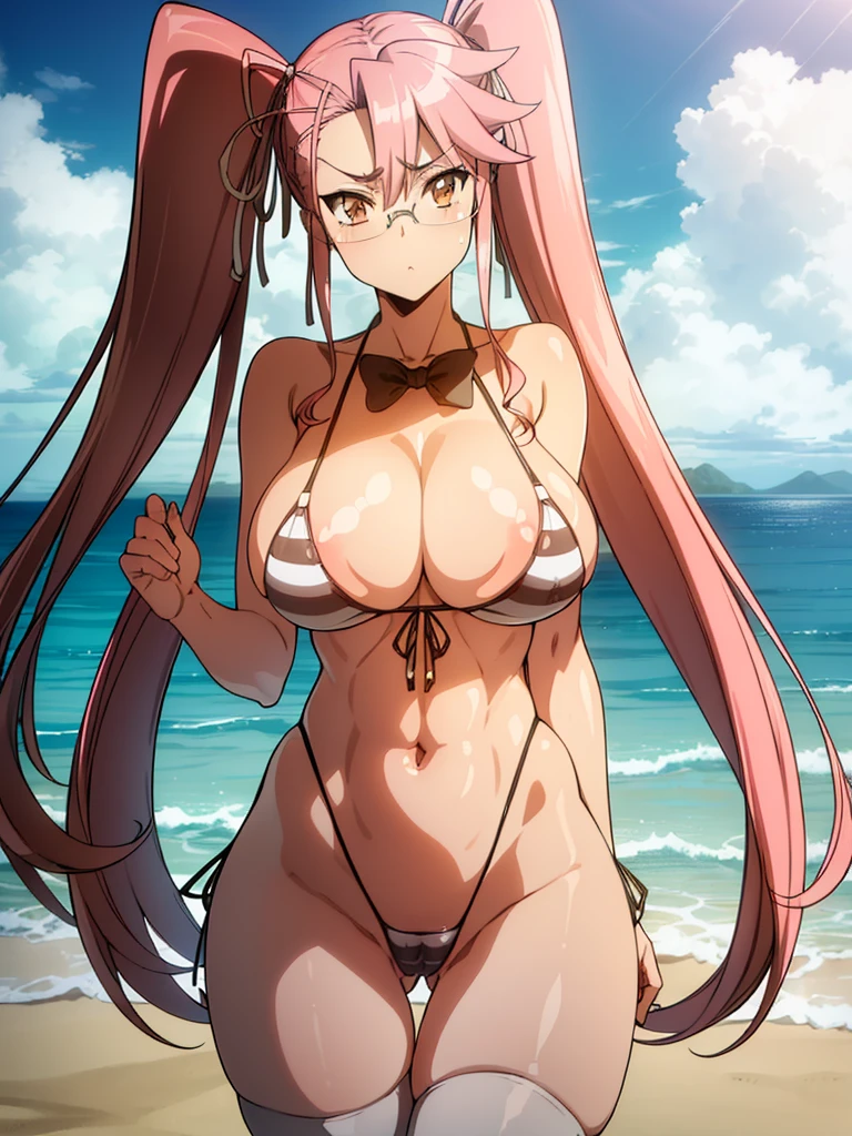 (Nsfw),Hayatakagi, Hajime Takagi, Long hair, bow ribbon, (Twin-tailed:1.3), (Brown eyes:1.5), Hair Ribbon, Pink hair, (eye glasses:1.3),,(looking at the viewers:1.3),BREAK (masutepiece:1.2), Best Quality, High resolution, Unity 8k Wallpaper, (Illustration:0.8), (Beautiful detailed eyes:1.6), extra detailed face, Perfect Lighting, extremely details CG, (Perfect hands, Perfect Anatomy),(the beach:1.3),Naughty big、thighs thighs thighs thighs、solo, very big breast, detailed nipples, deep cameltoe, barely spread legs, caderas anchas, g string, stripes translucent stockings, perfect round detailed and realistic nipples, detailed vagina, daylight illuminated, masturbating