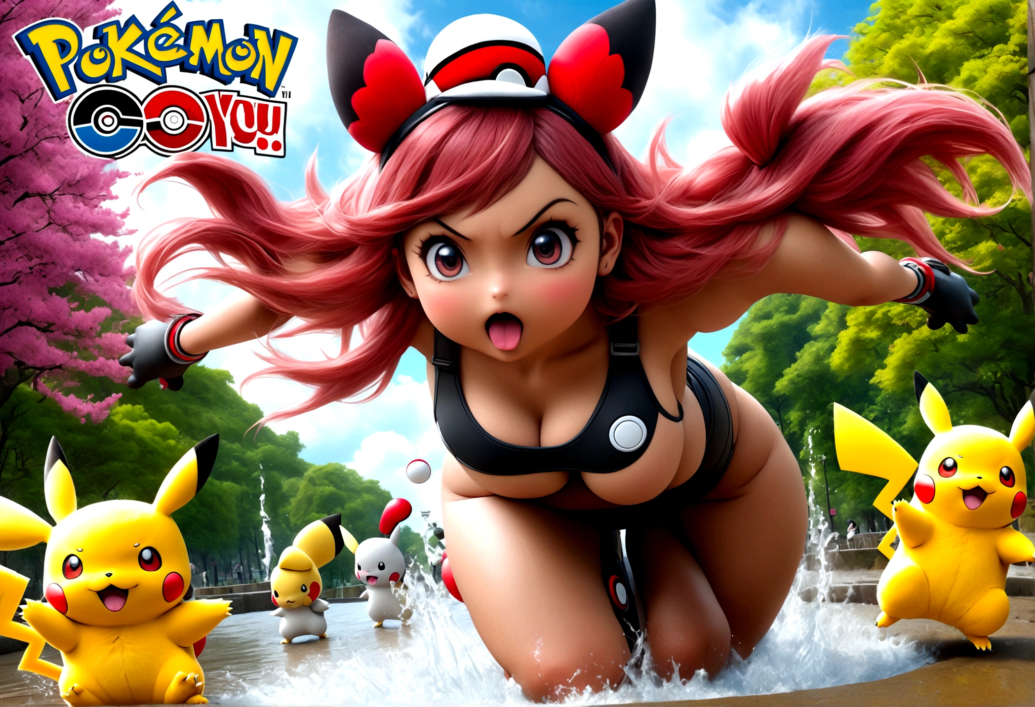 A determined cute woman pokemon trainer, tosses out her pokeball summoning a confused naked woman in pokemon boots and ears, crowded park in daytime
