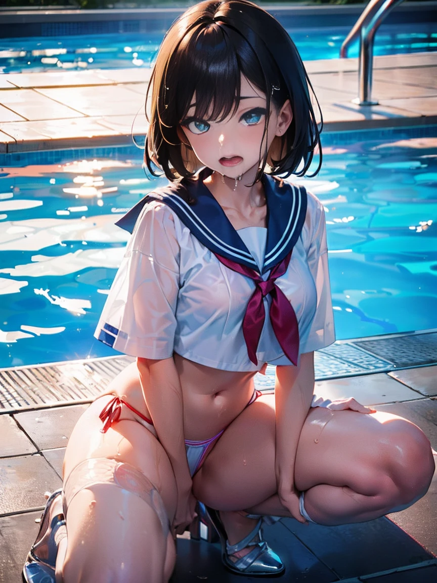 1 female, alone, HD quality, (Ahegao:1.3), (orgasm:1.3), (Drooling:1.3), vapor, Sheer white long thigh-high socks, Sheer white satin long gloves, (Glowing Eyes), The optimal ratio is four fingers to one thumb,  (Large Breasts), Cleavage, (Sitting on the poolside with one knee raised, Leg spread:1.5), sunny, (Green Eyes), (Crop Top White Shirt:1.5), (Micro Thong:1.5), (Under the chest:1.5),  (Sailor suit for upper body only:1.5), Blue sailor collar,(Black high heels), (Red ribbon tie)