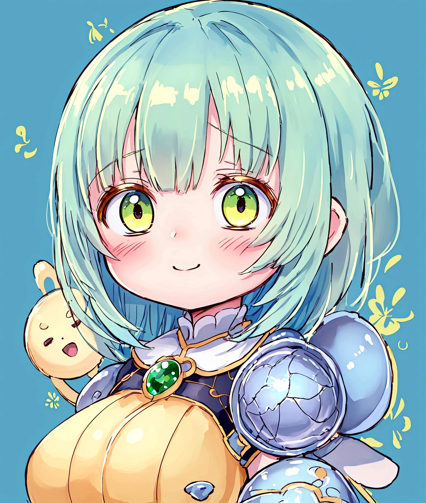 ,Baby Face, cute, Fantasy, ((Anime Girls)),Yellow-green skin、Light blue hair、、Short limbs、Big Head、Small breasts、Very detailed, , ((masterpiece, Highest quality;1.3)) , An innocent smile、Town、whole body