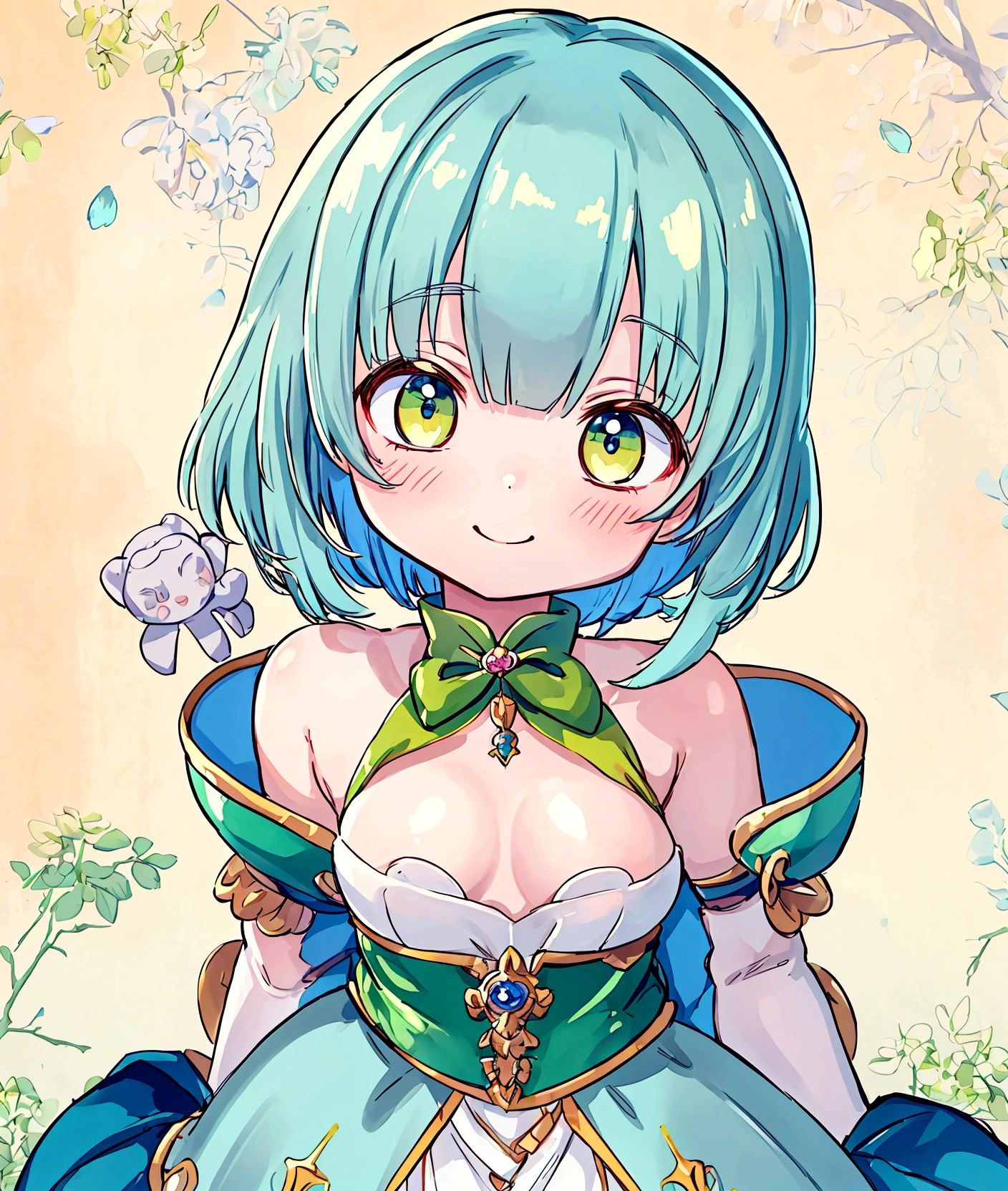 ,Baby Face, cute, Fantasy, ((Anime Girls)),Yellow-green skin、Light blue hair、、Short limbs、Big Head、Small breasts、Very detailed, , ((masterpiece, Highest quality;1.3)) , An innocent smile、Town、whole body