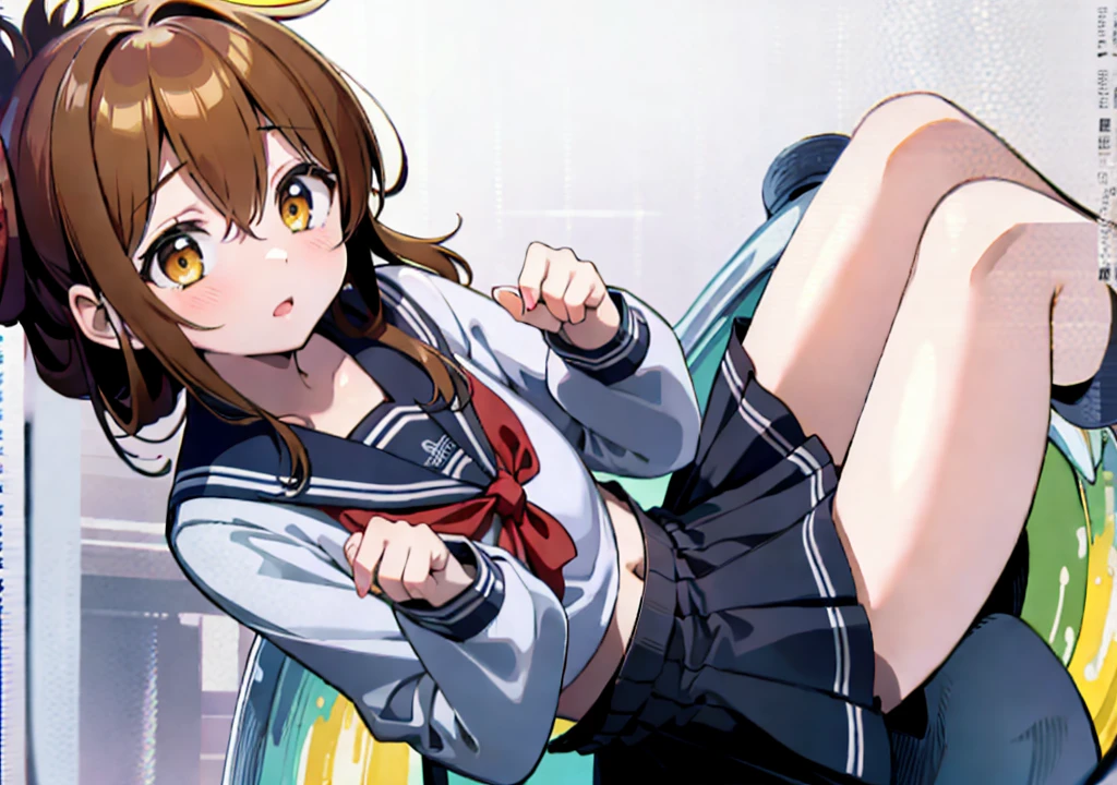 (masterpiece, best quality:1.2),illustration,8k,hd,1girl,solo,upper body,(portrait:1.2),brown_hair,folded_ponytail,brown_eyes,serafuku,long_hair,school_uniform,skirt,pleated_skirt,