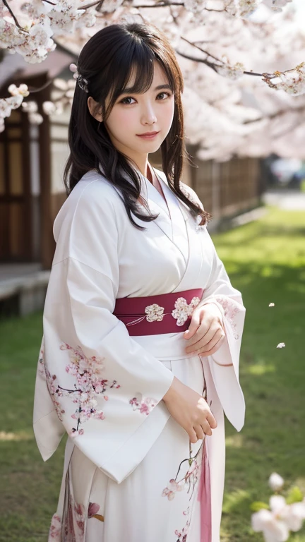 (logo、masterpiece、8K、Tabletop、RAW Photos、wonderful、最high quality、Realistic、Very detailed CG 統合 8K 壁紙、high quality、Very detailed、Narrative poem、Particle Effects、Dynamic Effects、Written boundary depth、Cinematic Light、Lens flare、Ray Tracing)、Fantasy、 (1 Beauty、White kimono、Japanese Clothing、White cherry blossom pattern、White cherry blossom embroidery pattern、Black-haired、Beautiful Face、True Face、Beautiful details in the eyes、Beautiful Skin)、Hair flutters in Wind、Hair bounces、Pink cherry blossom tree、Petals flutter、SakuraFubuki、wonderful景色、Morning Glow、Sun in the background、Wind、god々、teeth、god話、Vast land、