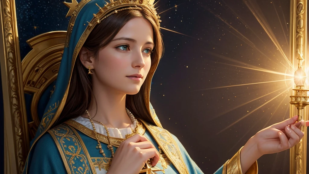 "Create an image of Mary, mother of Jesus, in a realistic style, with a serene and welcoming expression. She should be dressed in a blue and gold cloak, decorated with stars and detailed embroidery. The image should have a golden crown on her head, with delicate, sparkling details. The background should be a heavenly scene, with soft clouds and radiant light emanating from Mary. The resolution should be cinematic and 4K, with vibrant colours and an impressive touch of realism."