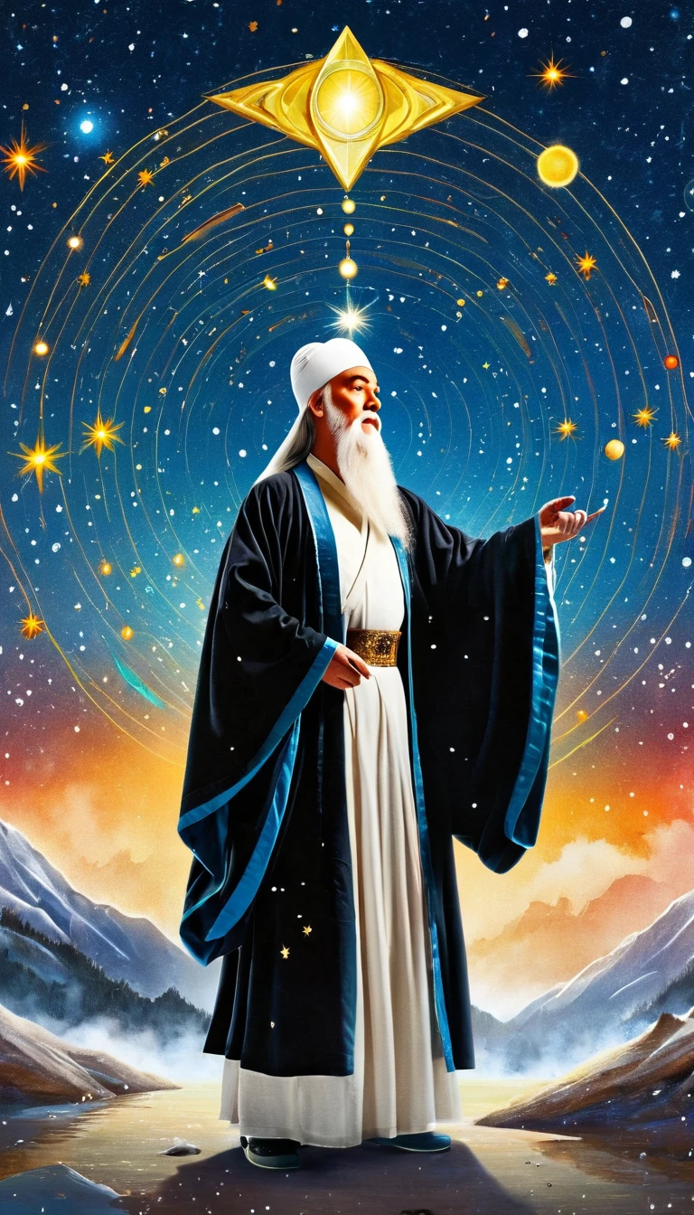 Oriental Fortune Teller，The old immortal on the top of the stars，Elders，White beard and long white eyebrows，Wear an official hat，Kongming Hat，Black loose hanfu robe，Looking at the stars，Galaxy Tai Chi Bagua Diagram，artistic conception，large quantities of，Runes，Luminescence，Dream
