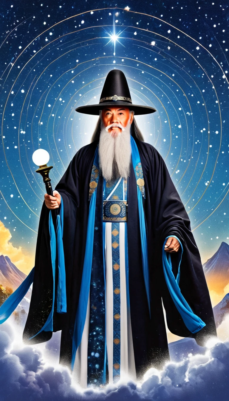 Oriental Fortune Teller,The old immortal on the top of the stars,Elders,White beard and long white eyebrows,Wear an official hat,Kongming Hat,Black loose hanfu robe,Looking at the stars,Galaxy Tai Chi Bagua Diagram,artistic conception,large quantities of,Runes,Luminescence,Dream