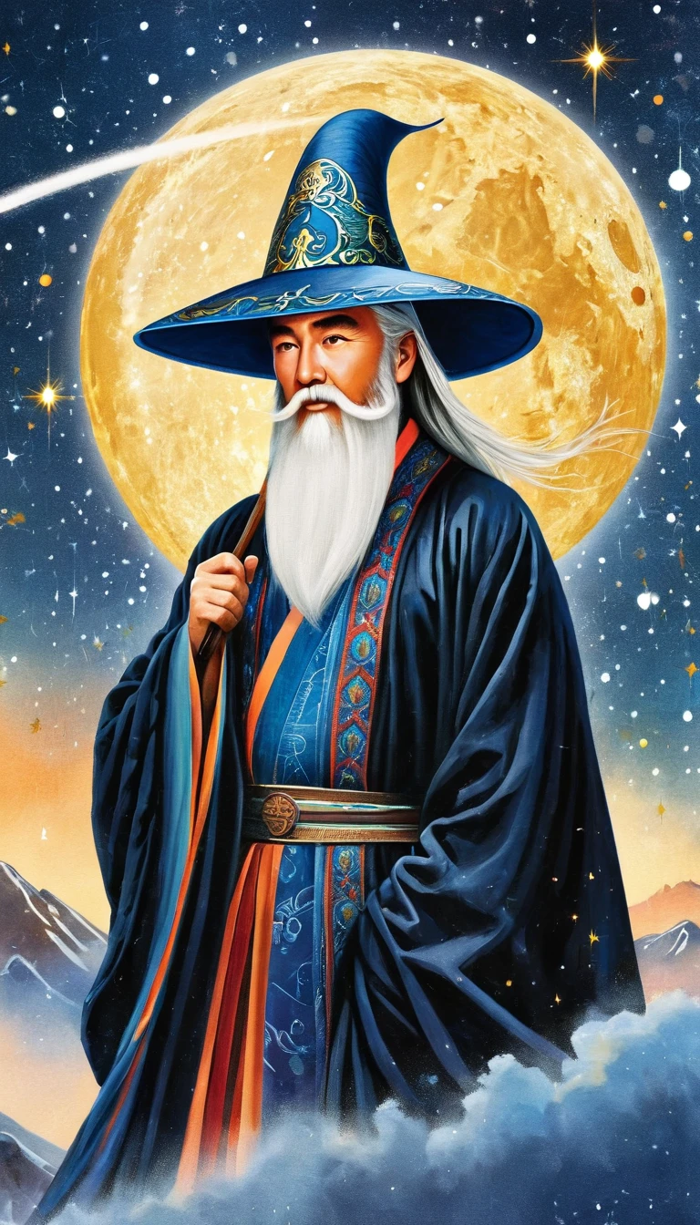 Oriental Fortune Teller，The old immortal on the top of the stars，Elders，White beard and long white eyebrows，Wear an official hat，Kongming Hat，Black loose hanfu robe，Looking at the stars，Galaxy Tai Chi Bagua Diagram，artistic conception，large quantities of，Runes，Luminescence，Dream
