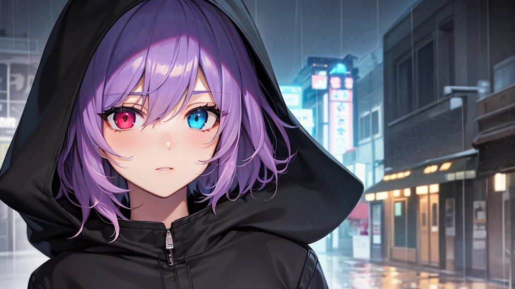 Highest quality, 8K, 4K, High resolution, (Beautifully detailed face), High Contrast,1girl,only,short hair,purple hair,heterochromia(red eyes,blue eyes), beautiful eyes, Slanted Eyes, Moderately sized , A quiet town late at night, Night Rain, Neon Light, Hooded parka