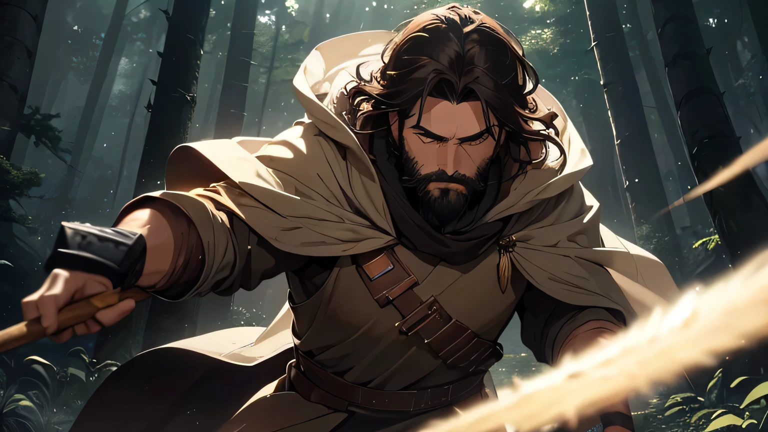 man with dark brown beard, long dark brown hair, light yellow-brown eyes and dark brown and light brown tunic from the 4th century BC. C., with a light brown cloak, about 50 years old, attacking with wooden stick, in a dark and mysterious forest at night, movement scene in the forest, changing lighting, hyperrealistic, cinematic lighting,