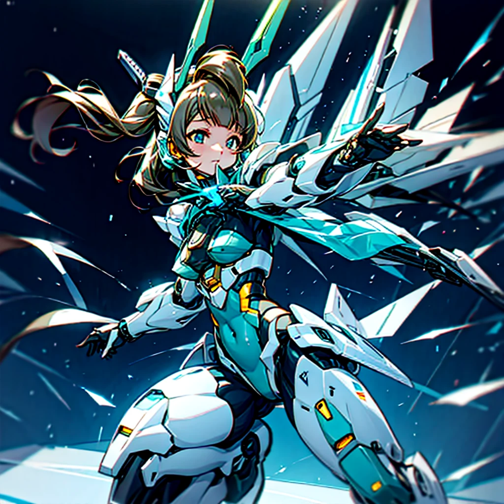 masterpiece, high quality, Minami Kotori, who has been turned into a mechanical body cyborg、Gynoid cyborg body modification surgery、Blue and white leotard armor、独奏、Single image、from front, full body、Mechabare、Sexual processing type mechanized genitals、Black background