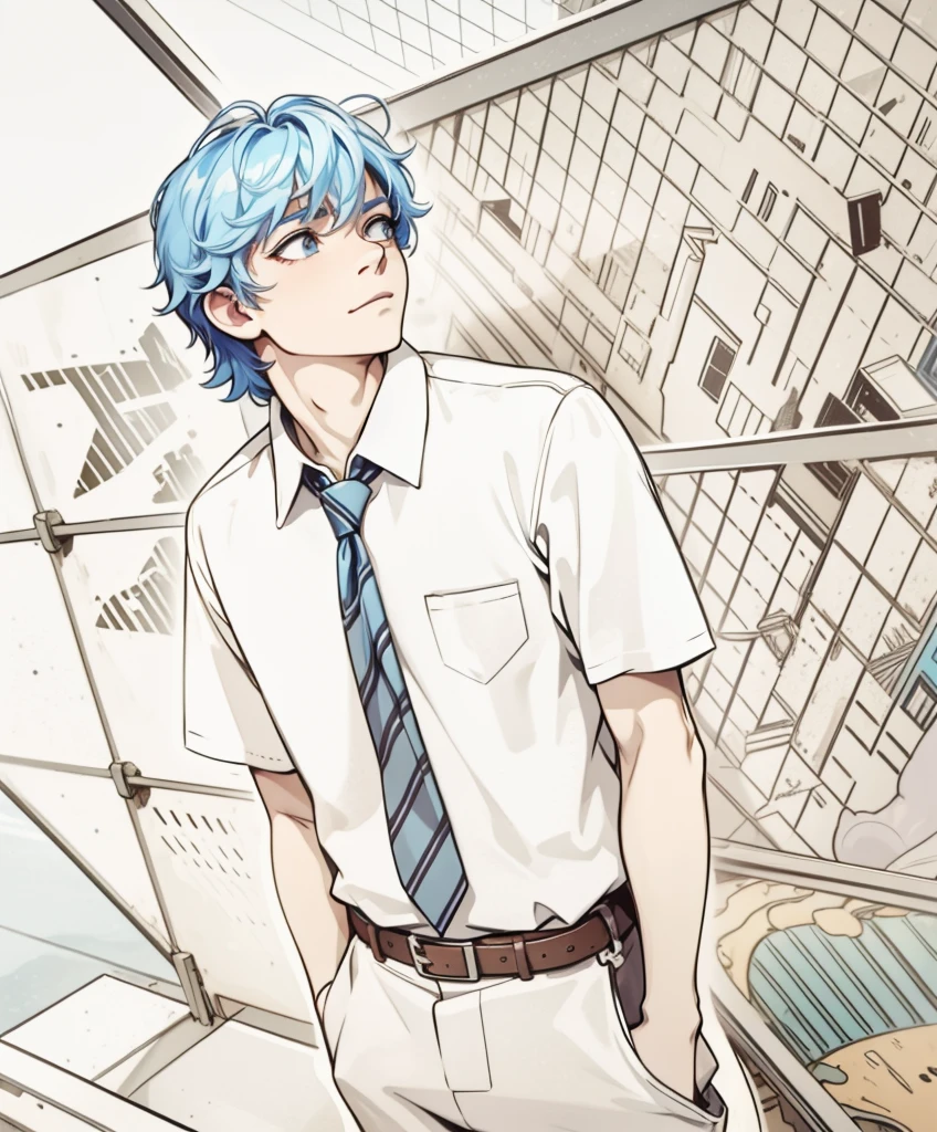 In the background there is a city, it is on top of its school, looking curious and thoughtful. The city has blue hair.