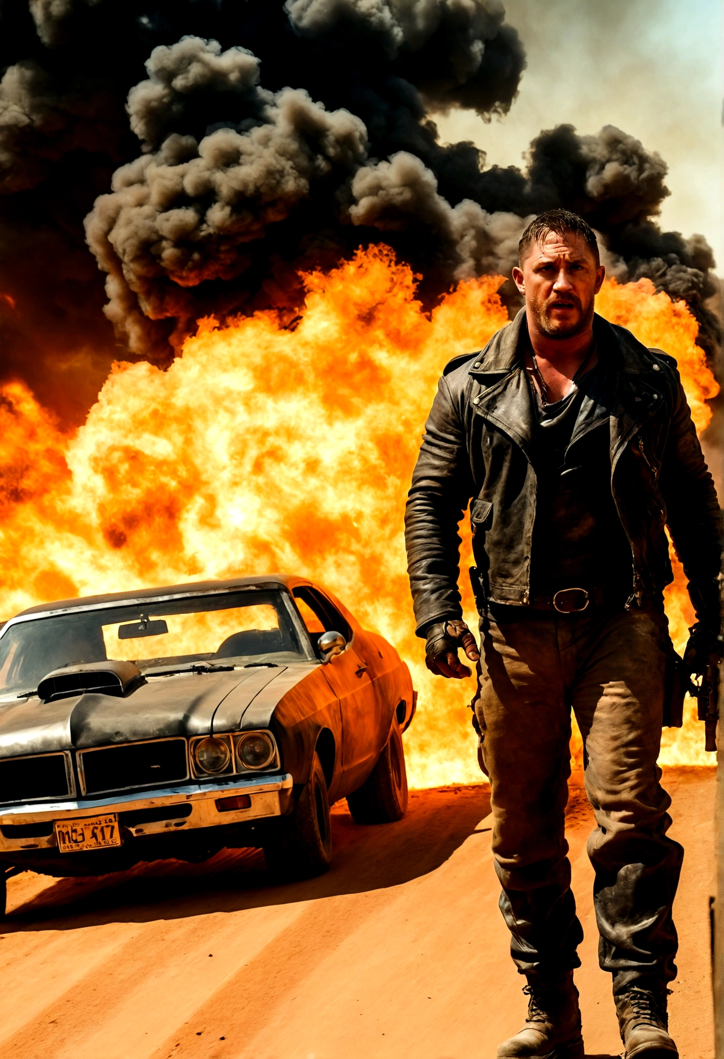 cinematic film still, ((Dutch angle)) of [ Tom Hardy | Mel Gibson ] as Mad Max, fire in background, high speed photography, Mad Max style, apocalypse, action film, detailed, film grain, grainy,
