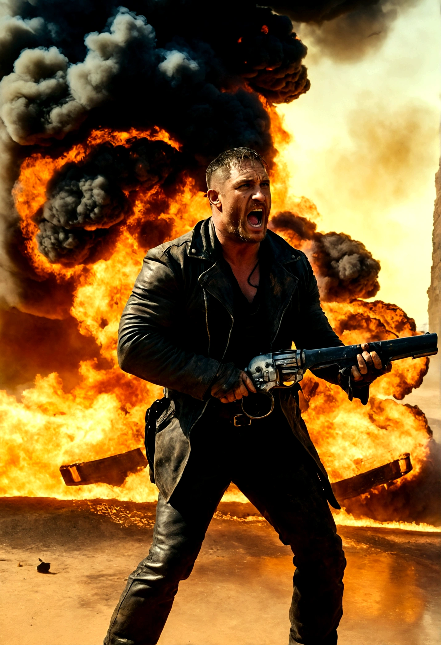 cinematic film still, ((Dutch angle)) of [ Tom Hardy | Mel Gibson ] as Mad Max, fire in background, high speed photography, Mad Max style, apocalypse, action film, detailed, film grain, grainy,
