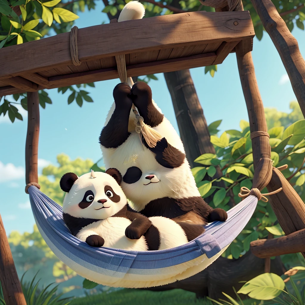 Beautiful girl with cute a panda sleeping on a hammock