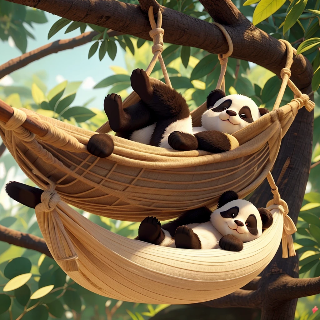 Beautiful girl with cute a panda sleeping on a hammock