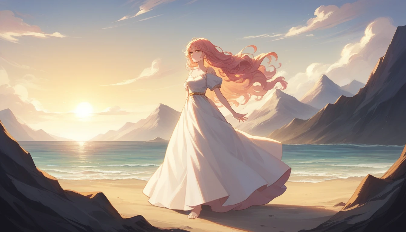 A beautiful anime girl standing on a beach during sunrise, the sky painted in gold and pink hues. She has long, flowing hair and bright, expressive eyes filled with love and determination. She wears a light, flowing dress that moves gently with the breeze, her hands hidden behind her back. The waves are crashing softly on the shore behind her, and the sun casts a warm, golden light over everything. In the background, a serene beach transitions into a distant forest and mountains, symbolizing the journey ahead. The scene conveys a sense of peace, hope, and unwavering support, with soft, natural lighting enhancing the emotional depth. No other people or distractions are present, focusing solely on the girl and the beautiful landscape.