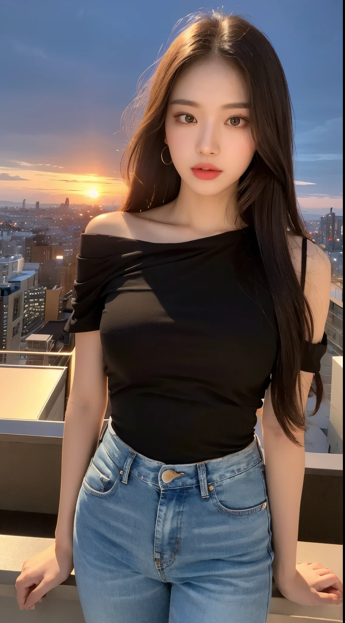 ((midnight, best quality, 8K, masterpiece :1.3)), whole body, long legs, sharp focus :1.2, pretty girl with perfect body :1.4, slim abs :1.1, ((dark brown hair, big bust :1.2)), (white tight t-shirt, bib jeans, standing:1.2), ((night city view, rooftop:1.3)), Highly detailed face and skin texture, detailed eyes, double eyelid, sunset, become dark, backlight, off shoulder