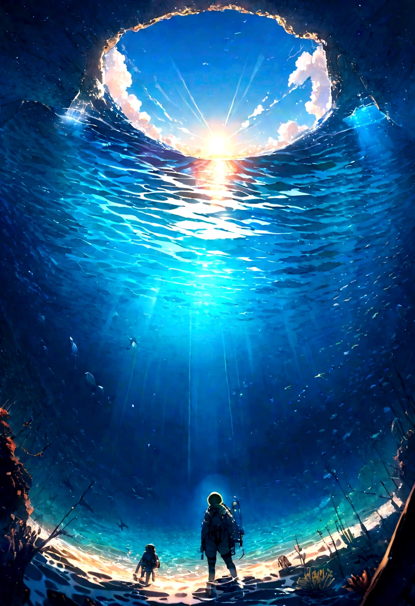 (((Beautiful under the sea))) Shaft of sunlight penetrating the surface of the sea, Illuminate the world hidden below, 魅惑的なwater中シーンを作成する. Vertical panorama, Ultra-wide angle view. Ultra-high resolution, masterpiece, Award-winning photo,In the sea,water,Bubble