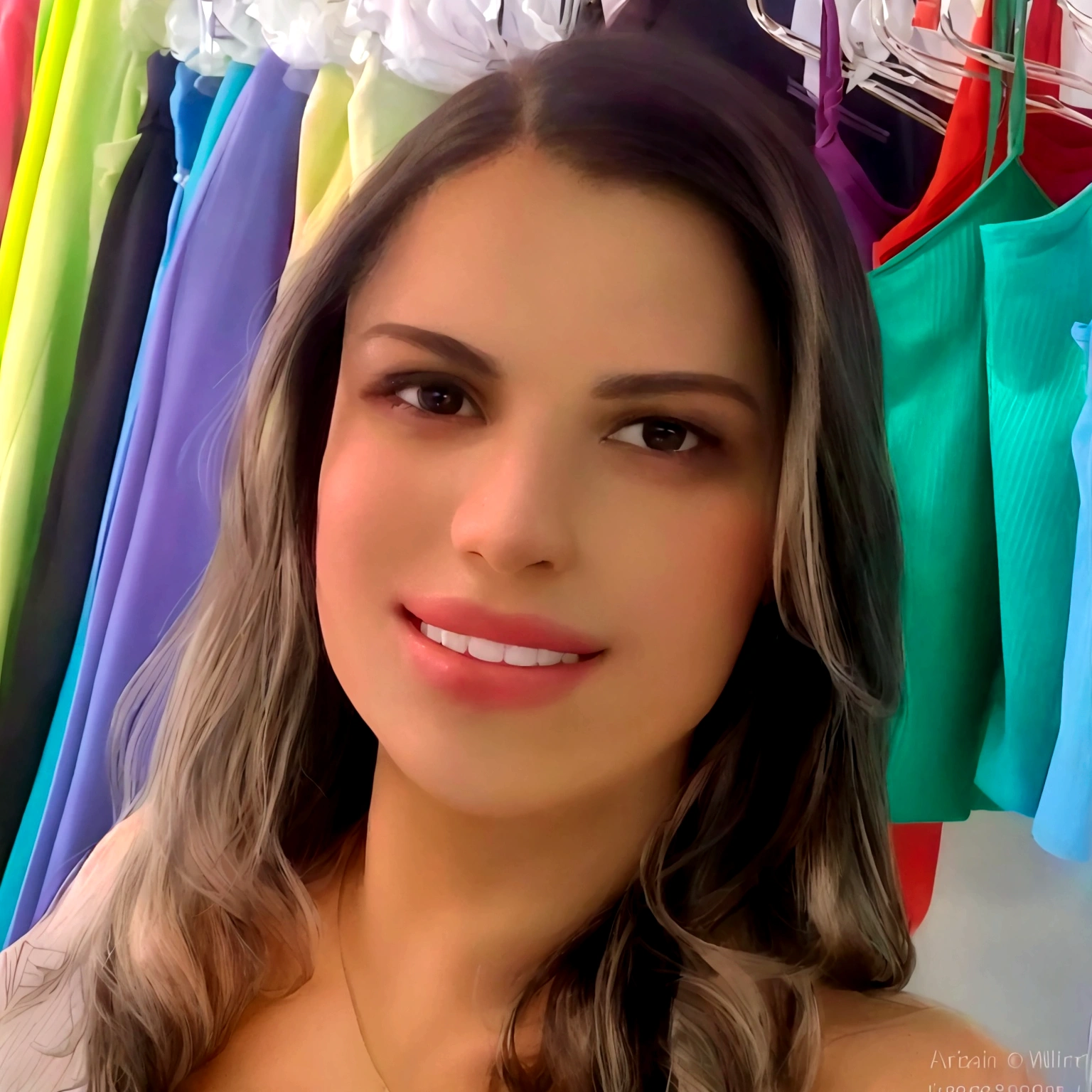 arafa woman in a colorful dress smiling in front of a rack of clothes, 30-year-old woman from cuba, brazilan supermodel, beautiful mexican woman, 3 Brazilian mother of 5 years, looks like fabiula natal, alanis guillen, beautiful latin face, appearing in a mall, looks like Laura Barriales, beautiful mexican woman bronzeada