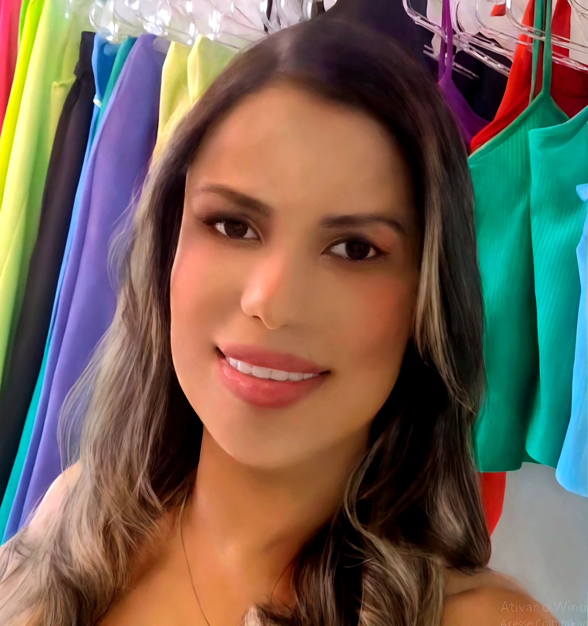 arafa woman in a colorful dress smiling in front of a rack of clothes, 30-year-old woman from cuba, brazilan supermodel, beautiful mexican woman, 3 Brazilian mother of 5 years, looks like fabiula natal, alanis guillen, beautiful latin face, appearing in a mall, looks like Laura Barriales, beautiful mexican woman bronzeada