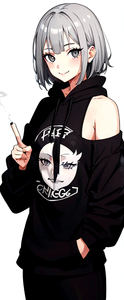 1girl, sarcastic smile, eyebags, gray-colored eyes, messy shoulder-length gray hair, wearing black hoodie, holding up a peace sign on her left hand whilst holding a cigarette on her right hand