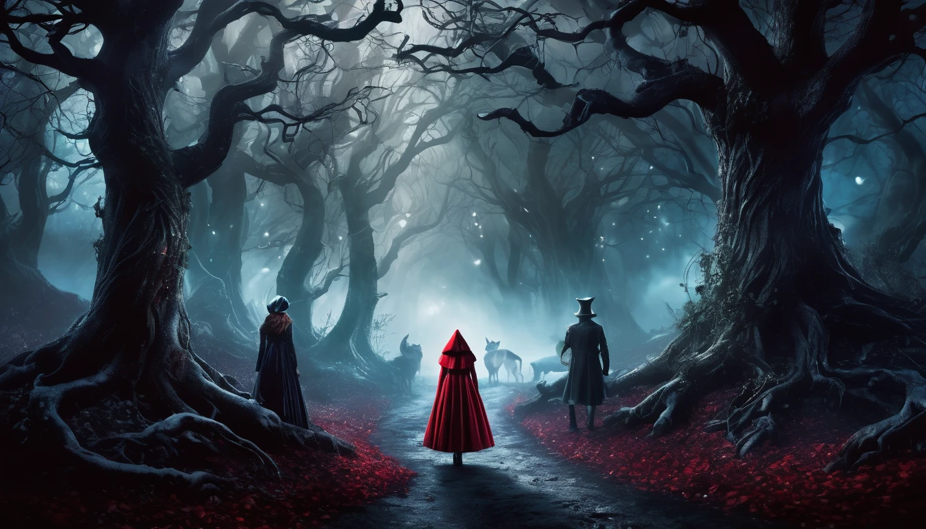 Create a digital artwork featuring a collection of iconic fairytale characters with a dark twist. Include characters like Red Riding Hood, Snow White, Cinderella, and Hansel and Gretel.
The background should be a dark, enchanted forest with twisted trees and mist, creating an eerie atmosphere.