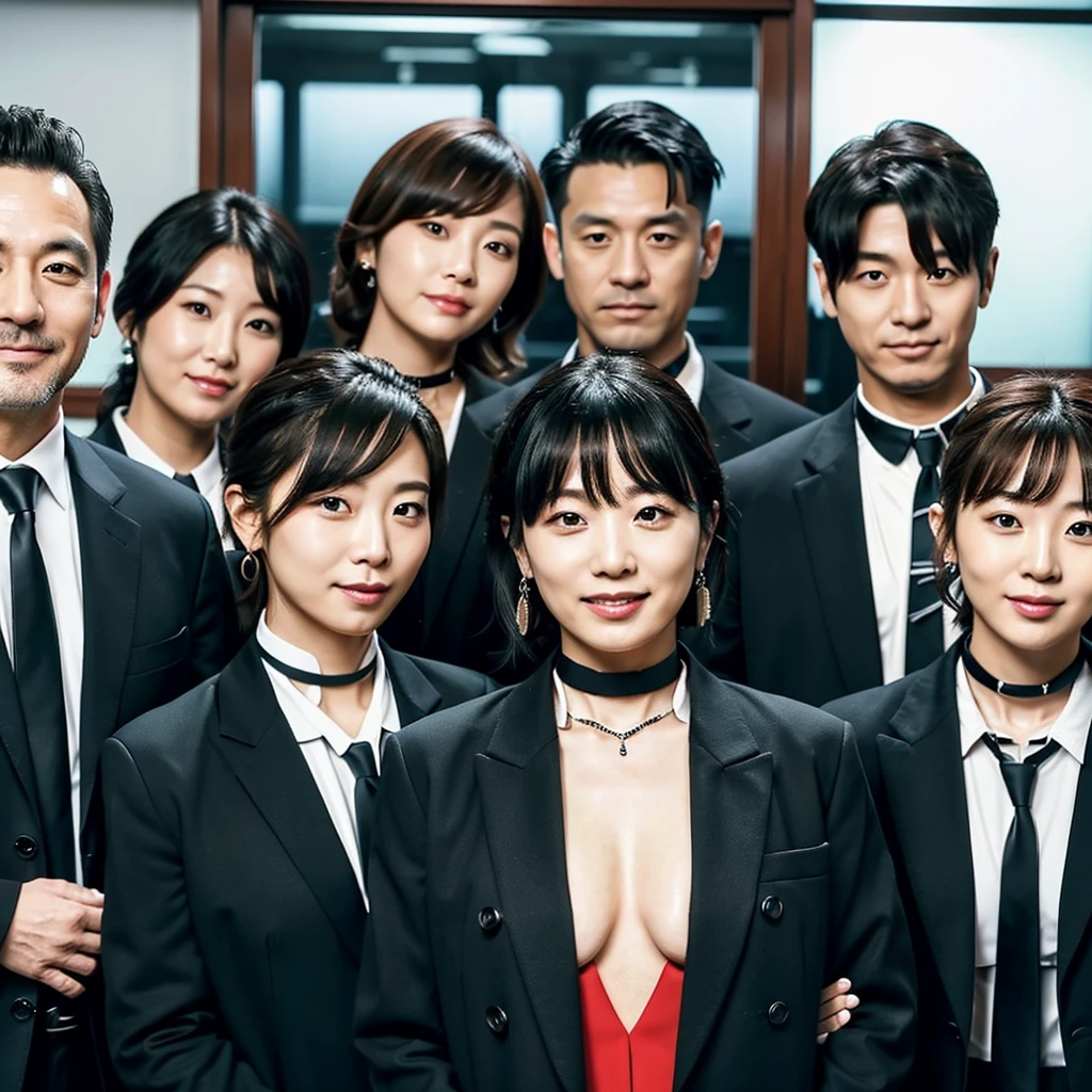 A close-up photo, ((A group of two middle-aged men and Japanese girls)), All standing, Looking at each other, In a large office, (All smiling), Highest Resolution, masterpiece, ((All the girls taking off their coats)), (The girls wearing earrings), Hair tied up, Bangs down, Double eyelids, (((All the girls are exposing small breasts and nipples))), the men wearing formal office suits, ((Choker))