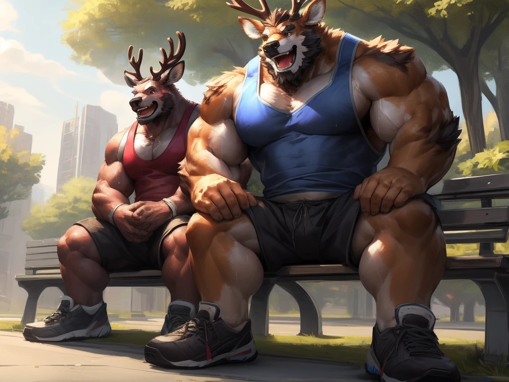 lindong, lucusold, a man with a huge muscle, furry deer wearing shorts and tank top, shoes, holding mineral water, sweat, brown furr, sitting in bench, park, ((muscular, sixpack)), happy, laugh, bearded , thicc, lowres, giant and muscular, danbooru and artstation, heavy detailed, insanely inflated hips, proportionally arms, commission for high res, detailed but rough, semirealistic:1.3