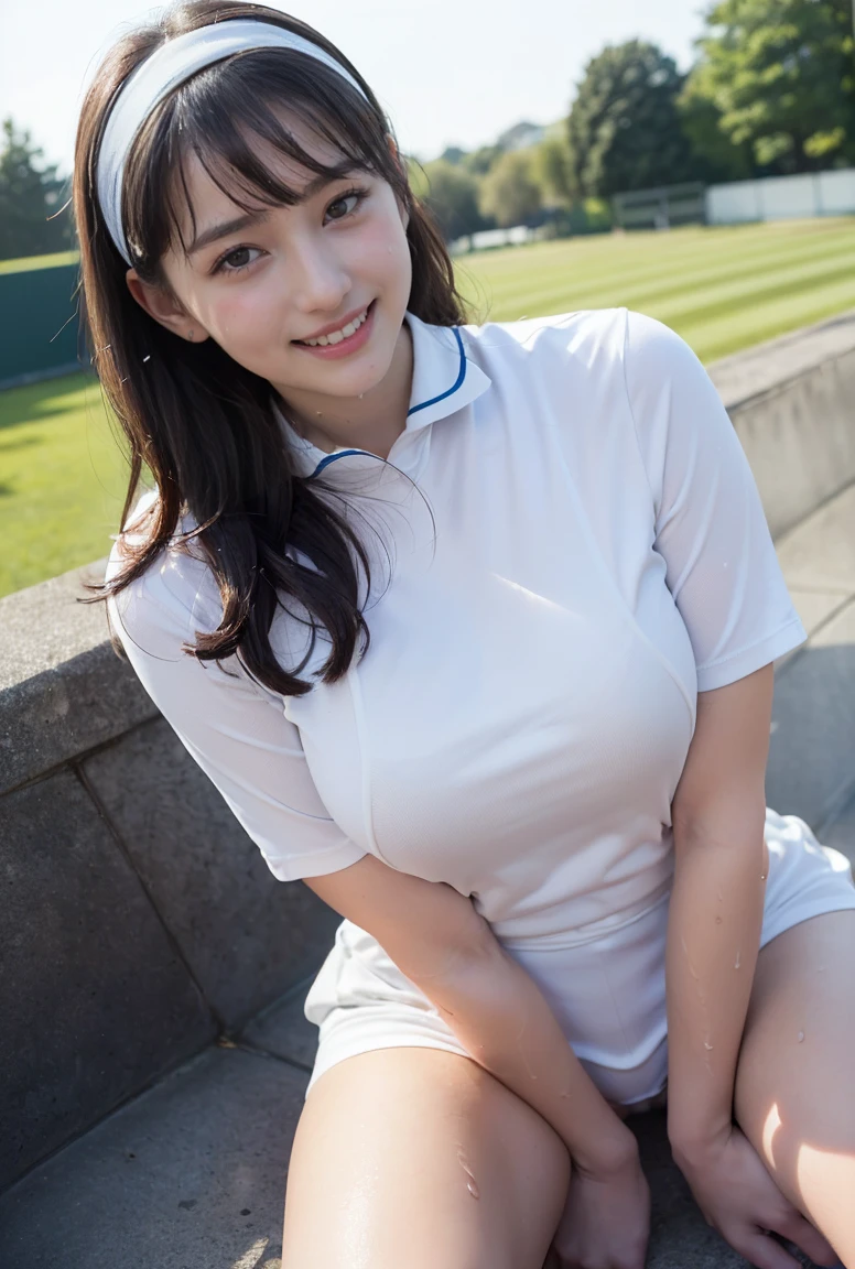 (((pull own uniform:1.9))),(((pull own uniform:1.9))),(((neat woman,cowboy shot,sitting down on the bench))),(((kind smile:1.8,kind smile,blush:1.8,blush,deep cheek:1.8,deep cheek:1.8))),(cinematic lighting), (Photo real:1.4)、(A hyper-realistic:1.4)、(Photorealistic:1.3)、 (gentle lighting: 1.05)、(Improve the lighting quality of your video:0.9)、 32k、25years old woman、photorealistic lighting、Back lighting、Facial Lights、Ray Trace、(bright:1.2)、(Increase quality:1.4)、 (best quality real texture skin)、Fair eyes,delicate face、 Close-up of the face,  ((((Wearing the tight white tennis uniform))),(((very sweat:1.5,sweat,little wet white uniform))), high-neck:1.4,mini skirt,high-heel))),(Bodyline mood improvement:1.1)、Glossy skin、good figure,perfect anatomy,Beautiful actress,(((beautiful huge breasts,slender waist,slender hip,long slender legs,8heads tall))),(((8heads tall))),(((wavy midium hair,bangs,hairband))),(((sweat skin,shiny skin,in the beautiful modern night pool,super clean night view,in the night))), (((masturbation、hand between the legs:1.5,Touching pussy、Masturbation)))