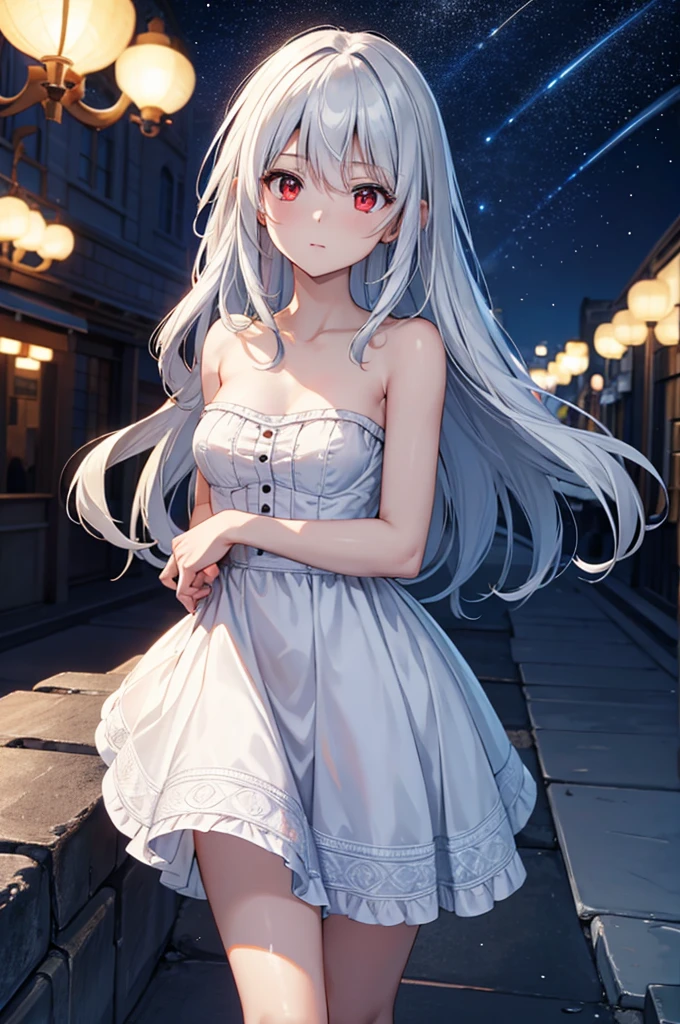 (masterpiece:1.3), (best quality:1.1), (8k, ultra detailed, ultra high res:1.3), anime style, perfect 5 fingers, perfect anatomy, (Strapless dress:1.2), white dress, arms behind back,
1girl, small breasts, long hair, wavy hair, white hair, BREAK red eyes, looking at viewer, shoot from above,
BREAK cowboy shot, outdoor, at night, Starry Night Sky with Shooting Stars,